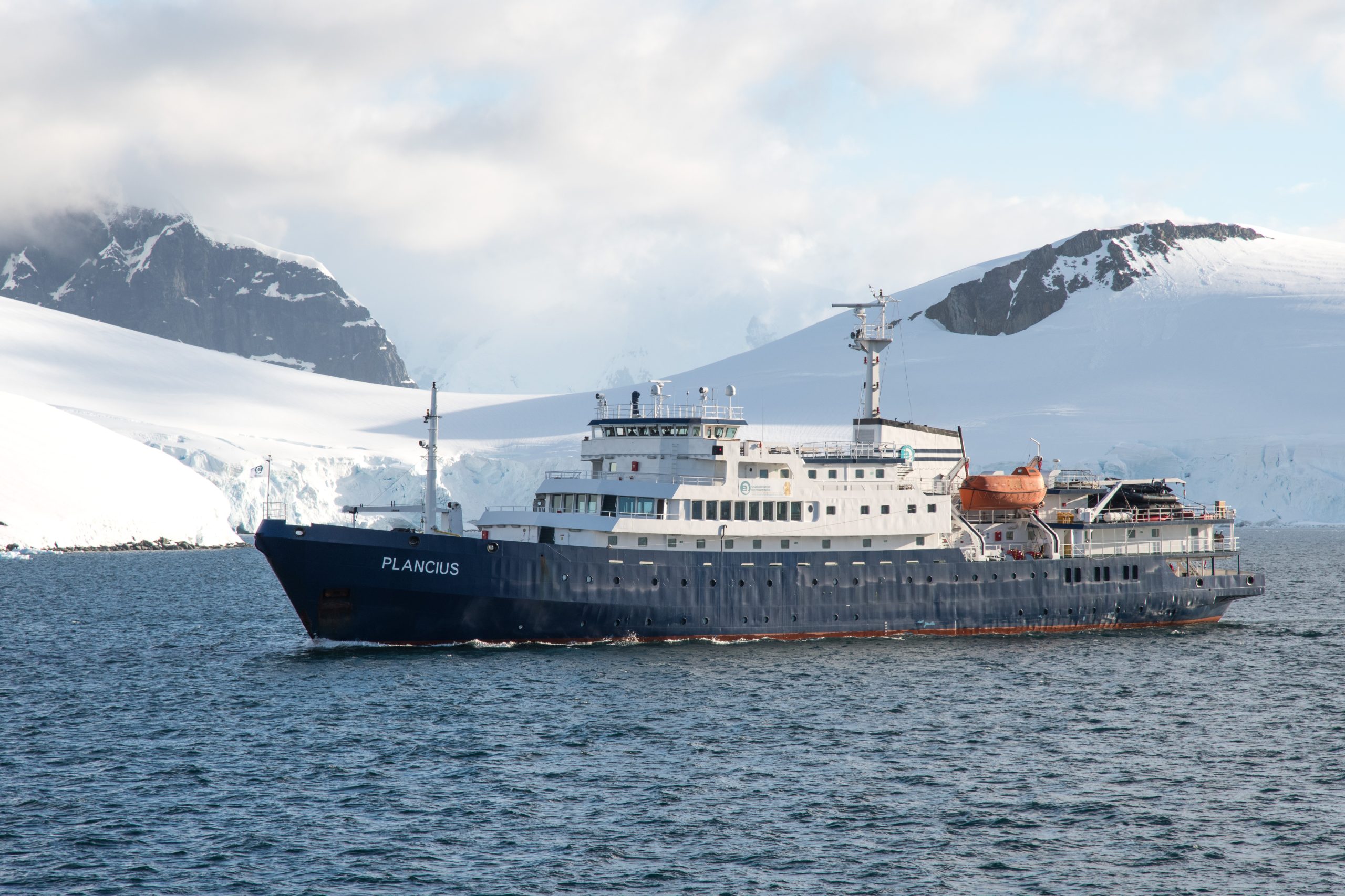 The ship Plancius sailing in Antarctica.