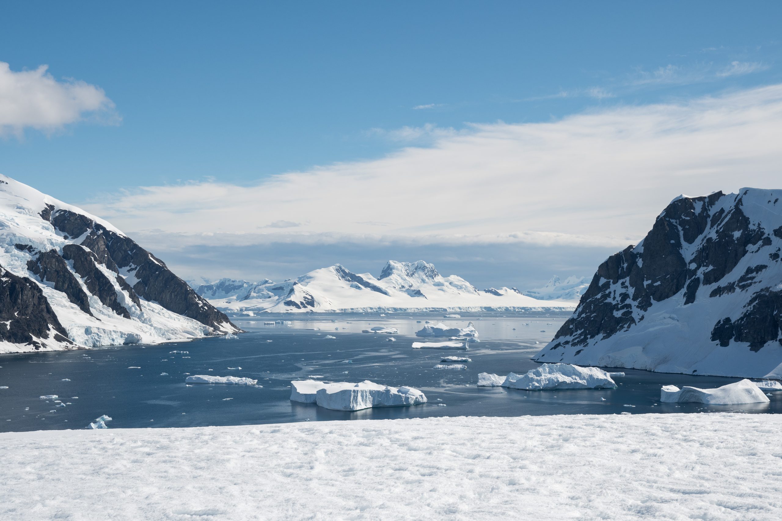 Snowy landscape with icebergs.
