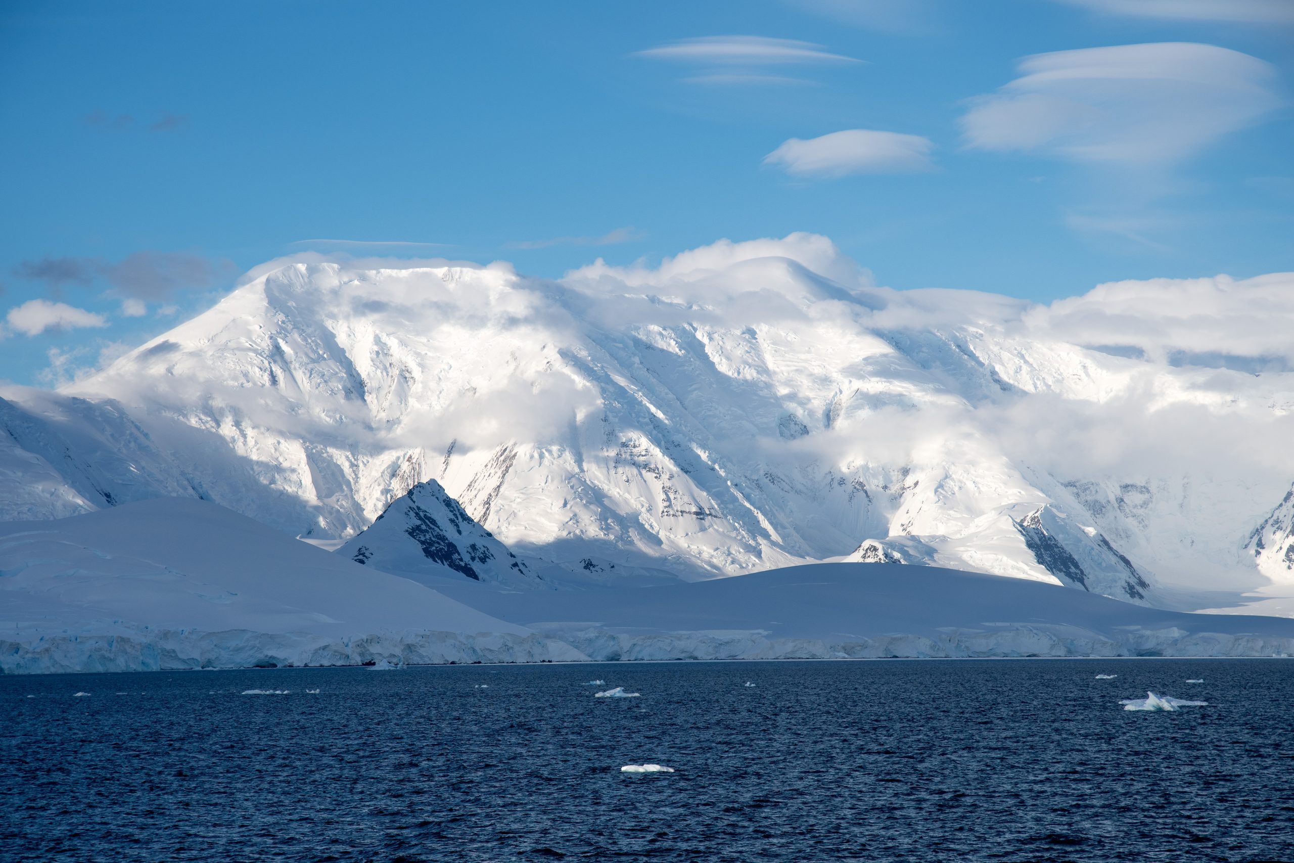 Snow covered mountains at the Antarctic Peninsula.